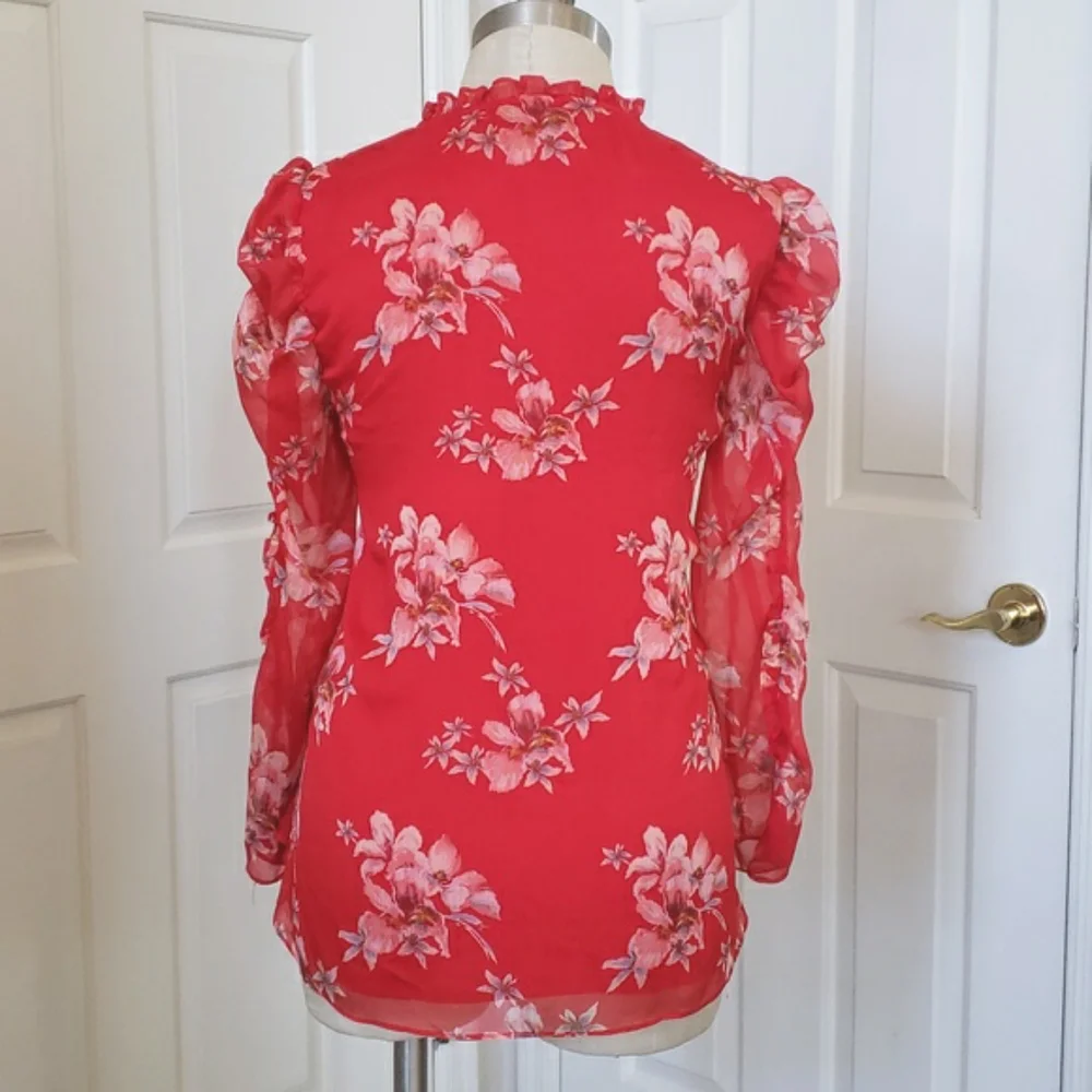 CeCe Cherry Rose Lava Red Floral Print V-Neck Blouse Sheer Ruched Sleeve Small - Picture 4 of 11